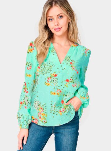 Blusa manga larga floreada Verde